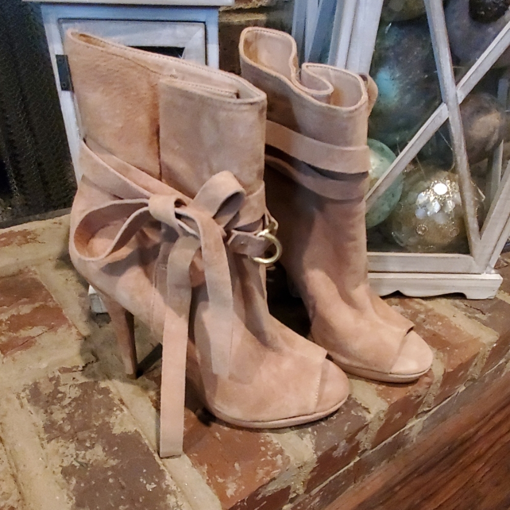 Colin Stuart Blush Suede Open-Toe Ankle Booties with Bow Detail